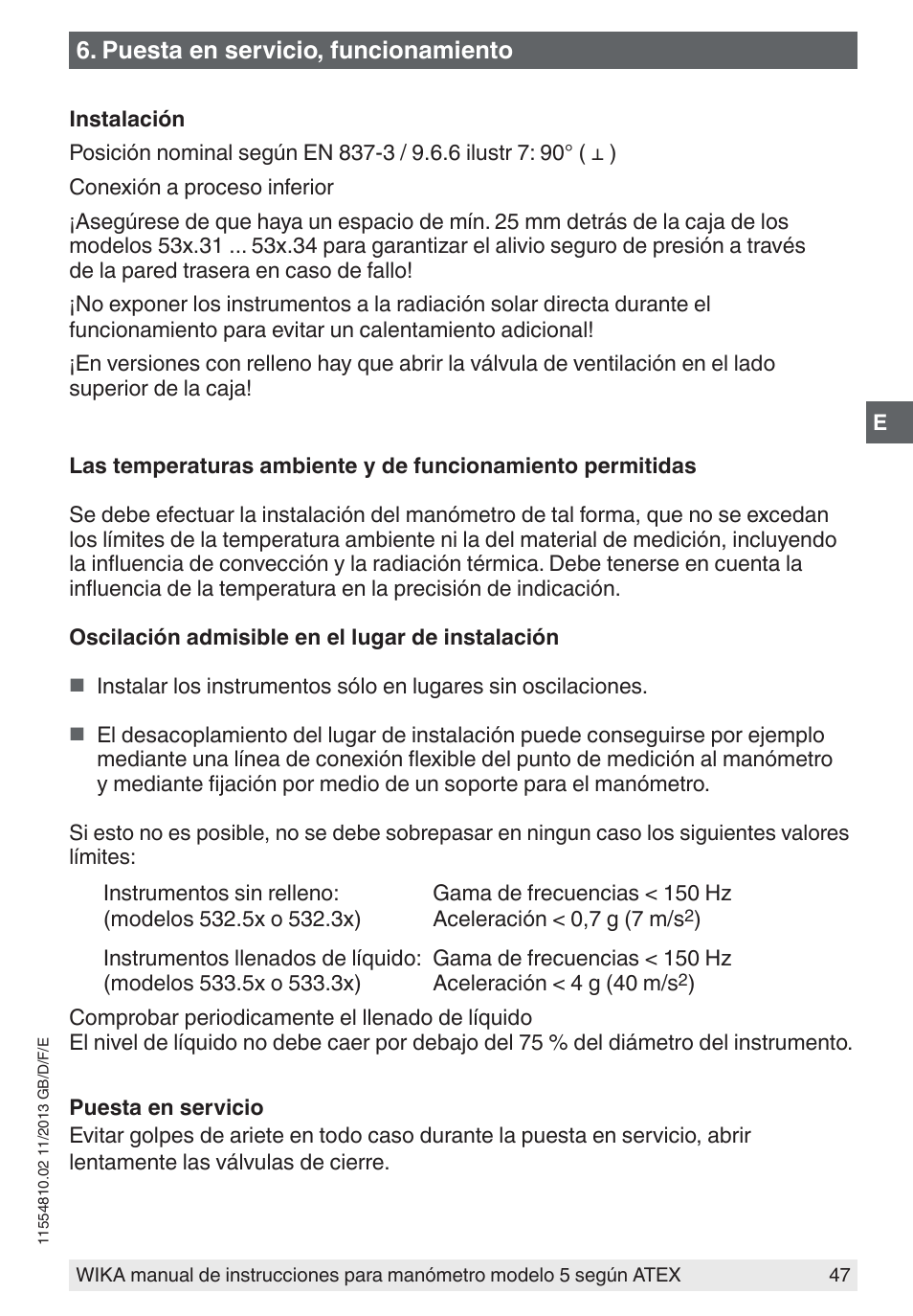 Puesta en servicio, funcionamiento | WIKA 532.54 User Manual | Page 47 / 52