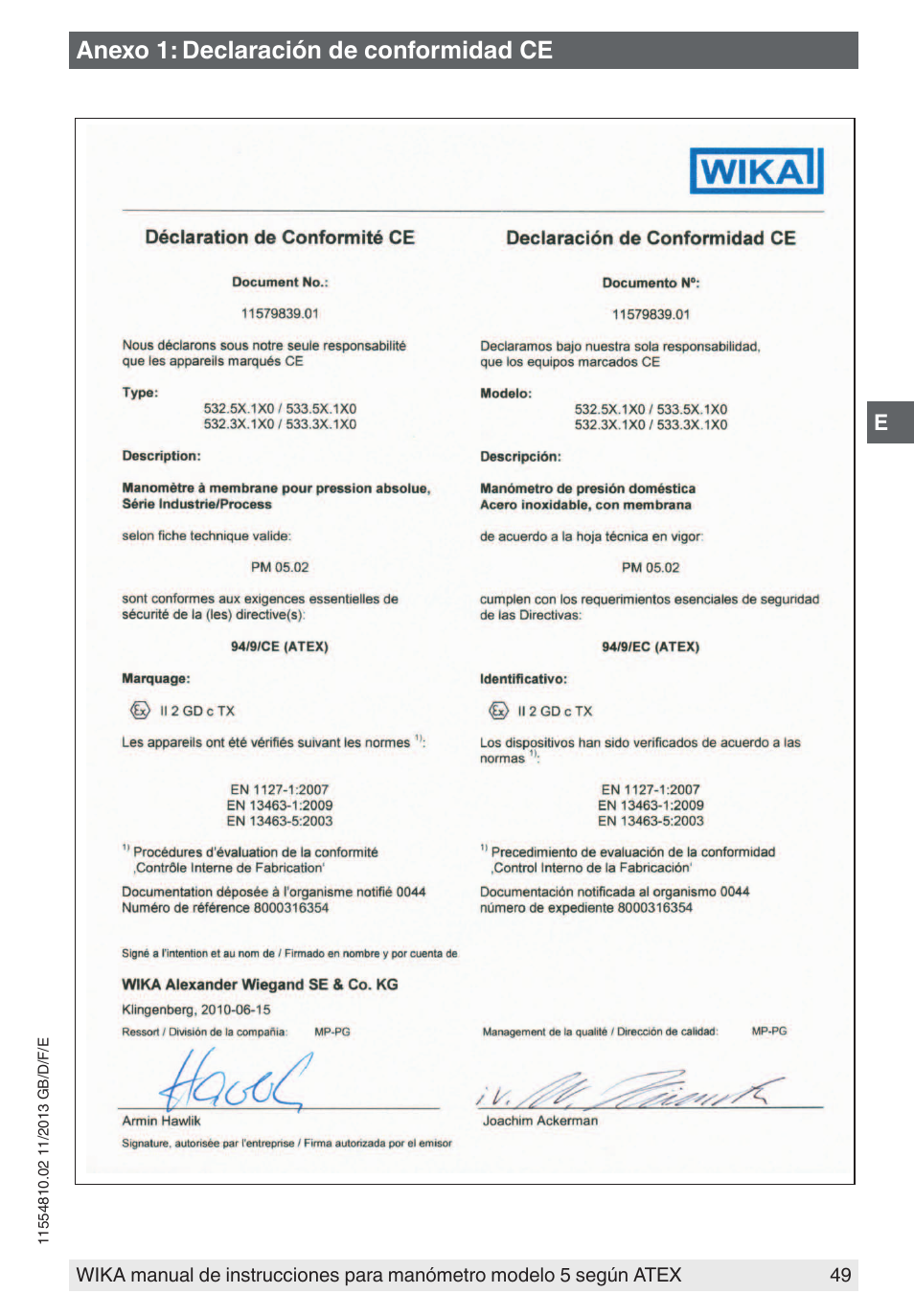 Anexo 1: declaración de conformidad ce | WIKA 532.54 User Manual | Page 49 / 52