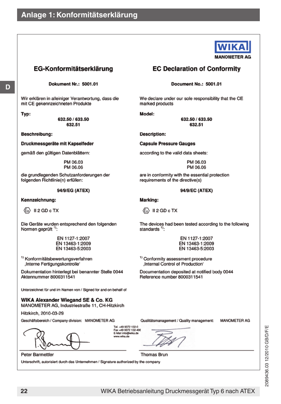 Anlage 1: konformitätserklärung | WIKA 632.51 User Manual | Page 22 / 44