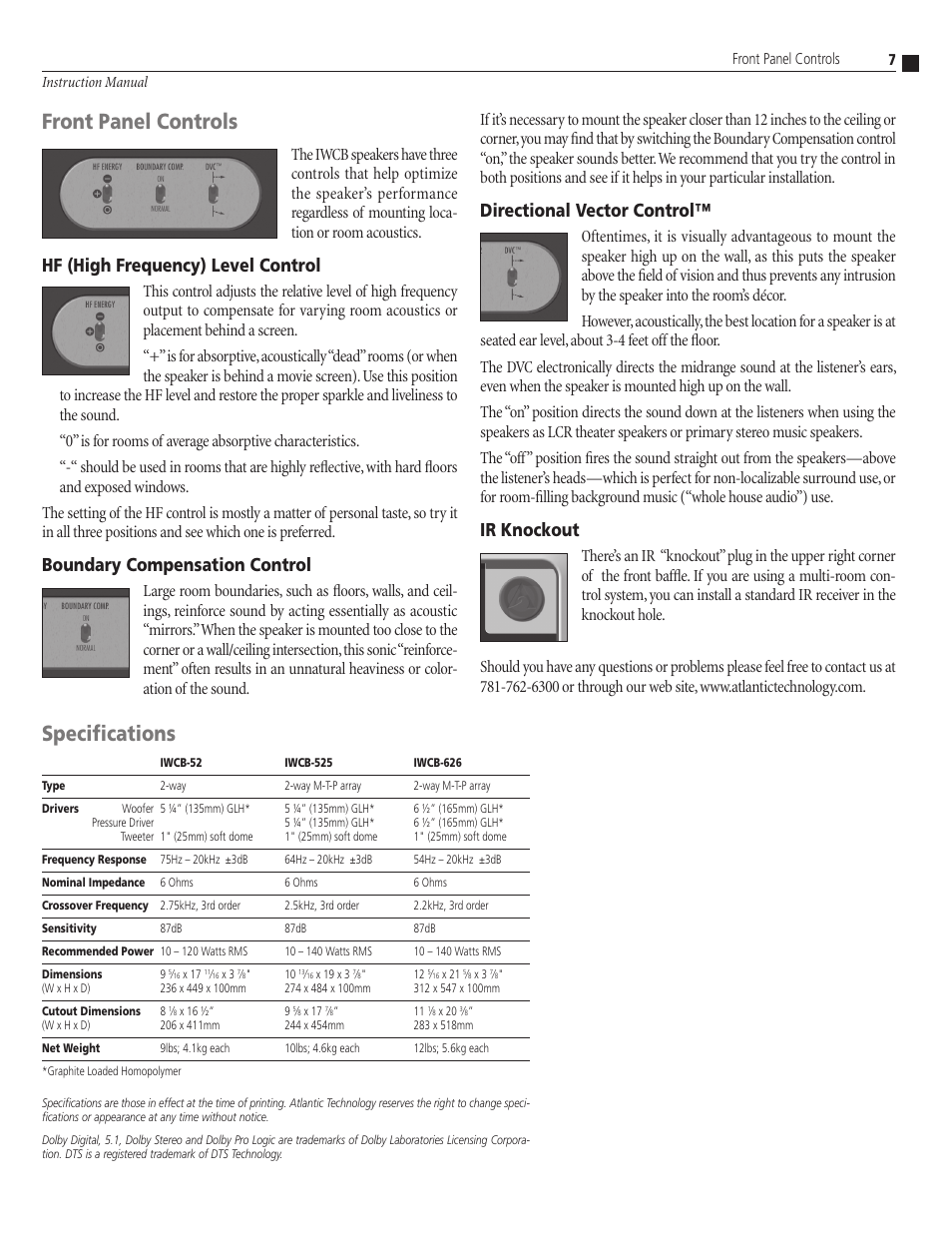 Front panel controls, Speciﬁcations, Hf (high frequency) level control | Boundary compensation control, Directional vector control, Ir knockout | Atlantic Technology IWCB-626 User Manual | Page 7 / 8