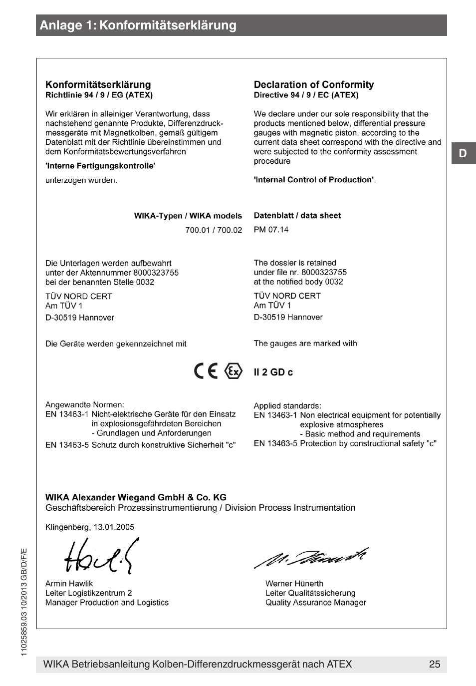 Anlage 1: konformitätserklärung | WIKA 700.02 User Manual | Page 25 / 52