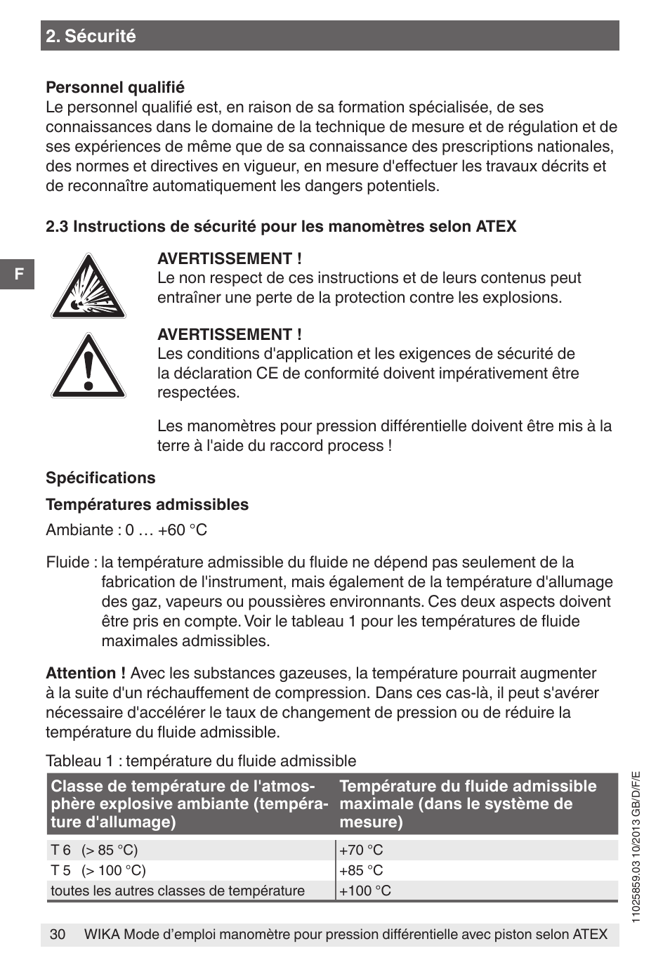 Sécurité | WIKA 700.02 User Manual | Page 30 / 52