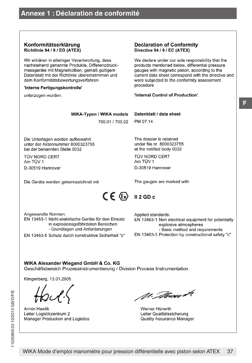 Annexe 1 : déclaration de conformité | WIKA 700.02 User Manual | Page 37 / 52