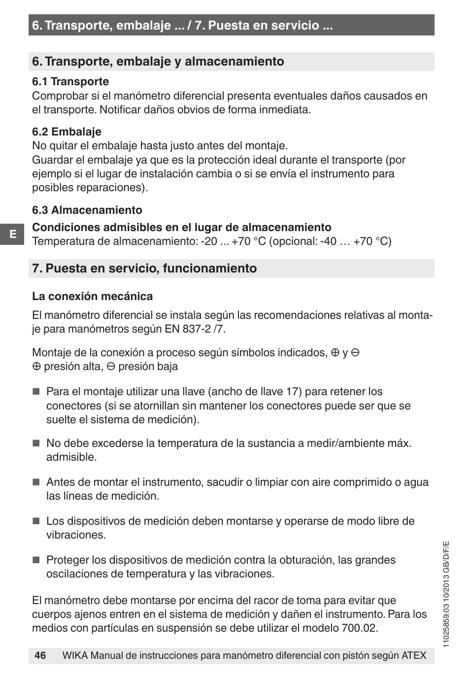 Puesta en servicio, funcionamiento | WIKA 700.02 User Manual | Page 46 / 52
