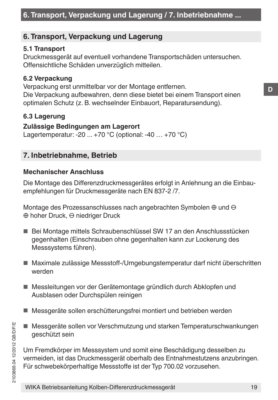 Inbetriebnahme, betrieb, Transport, verpackung und lagerung | WIKA 700.02 User Manual | Page 19 / 44