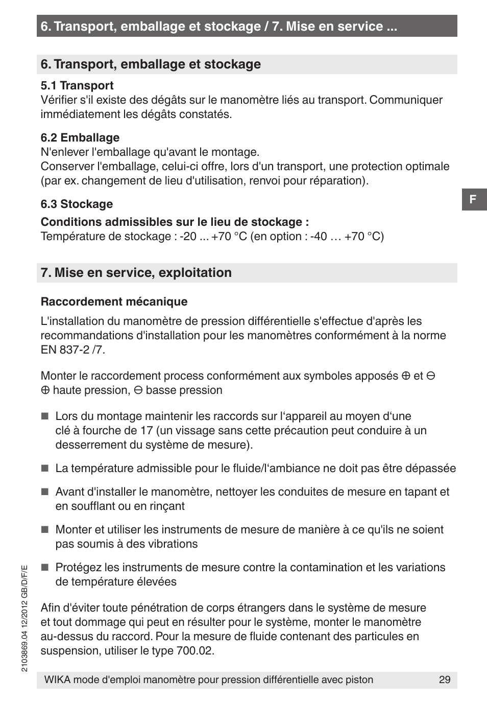 Mise en service, exploitation, Transport, emballage et stockage | WIKA 700.02 User Manual | Page 29 / 44