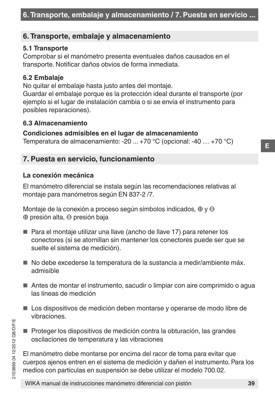 Puesta en servicio, funcionamiento, Transporte, embalaje y almacenamiento | WIKA 700.02 User Manual | Page 39 / 44