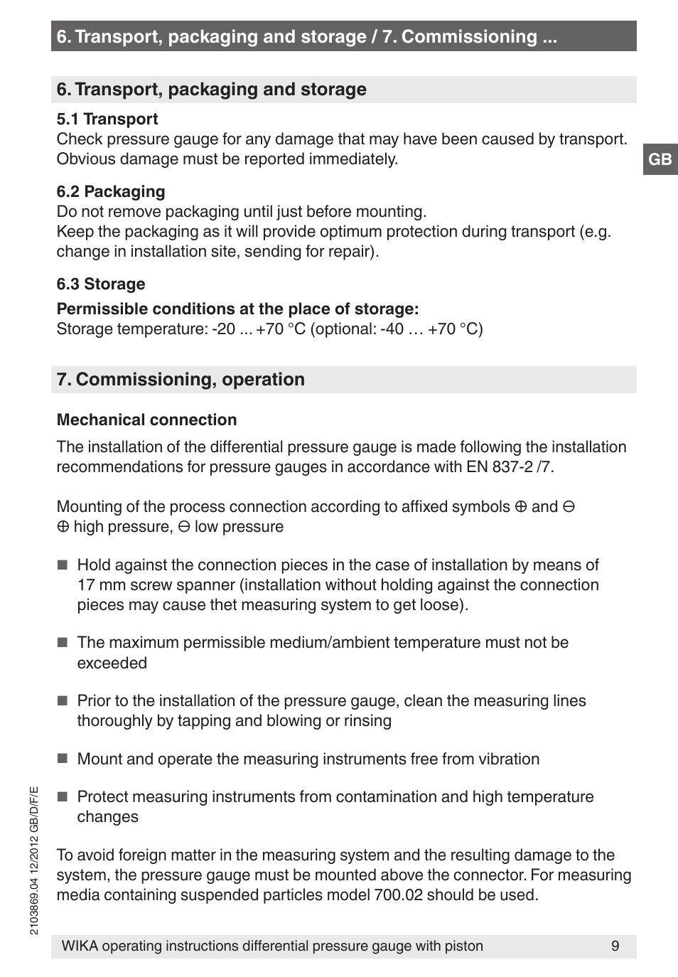 Commissioning, operation, Transport, packaging and storage | WIKA 700.02 User Manual | Page 9 / 44