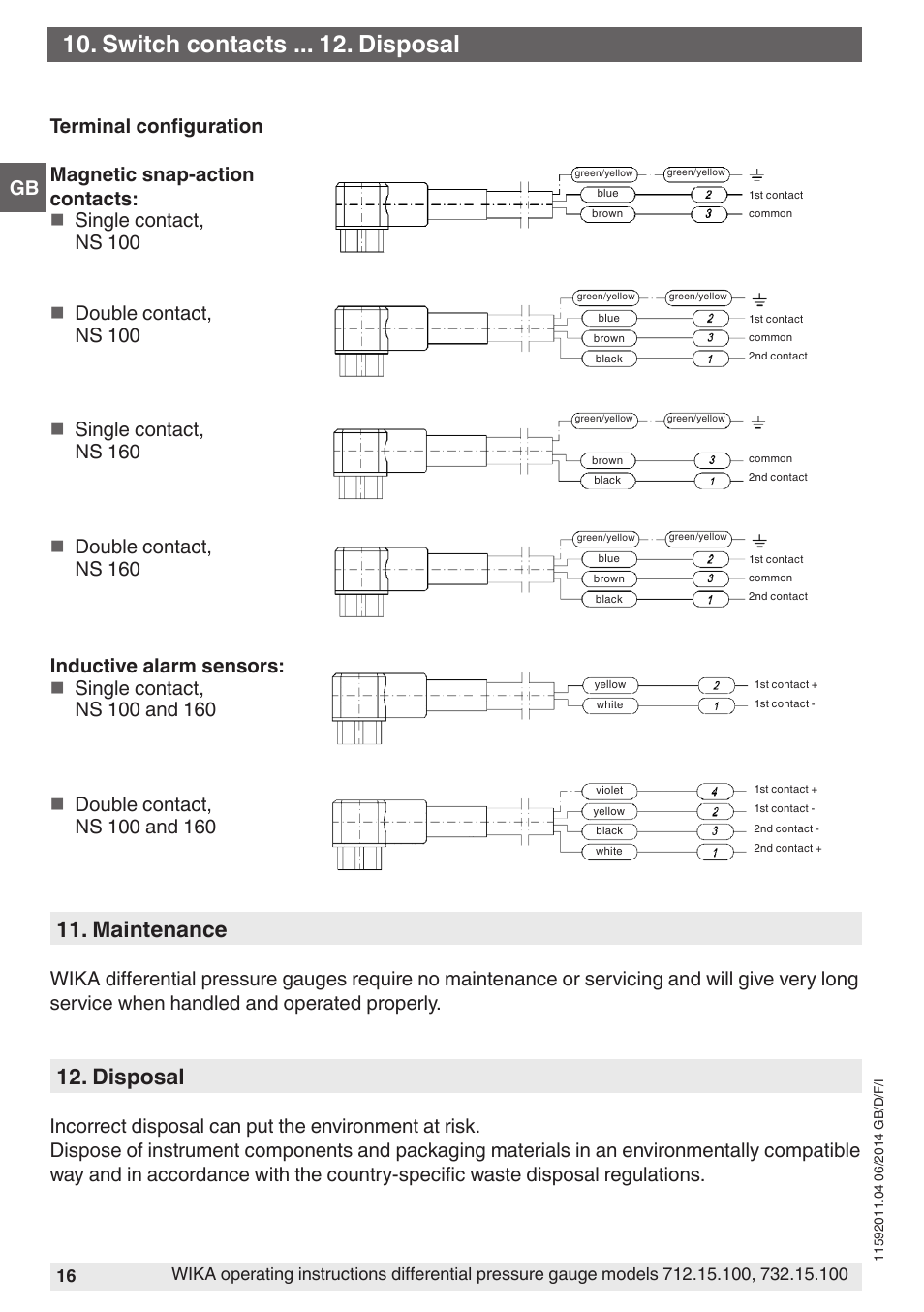 Switch contacts . disposal, Maintenance, Disposal | WIKA 732.15.100 User Manual | Page 16 / 68