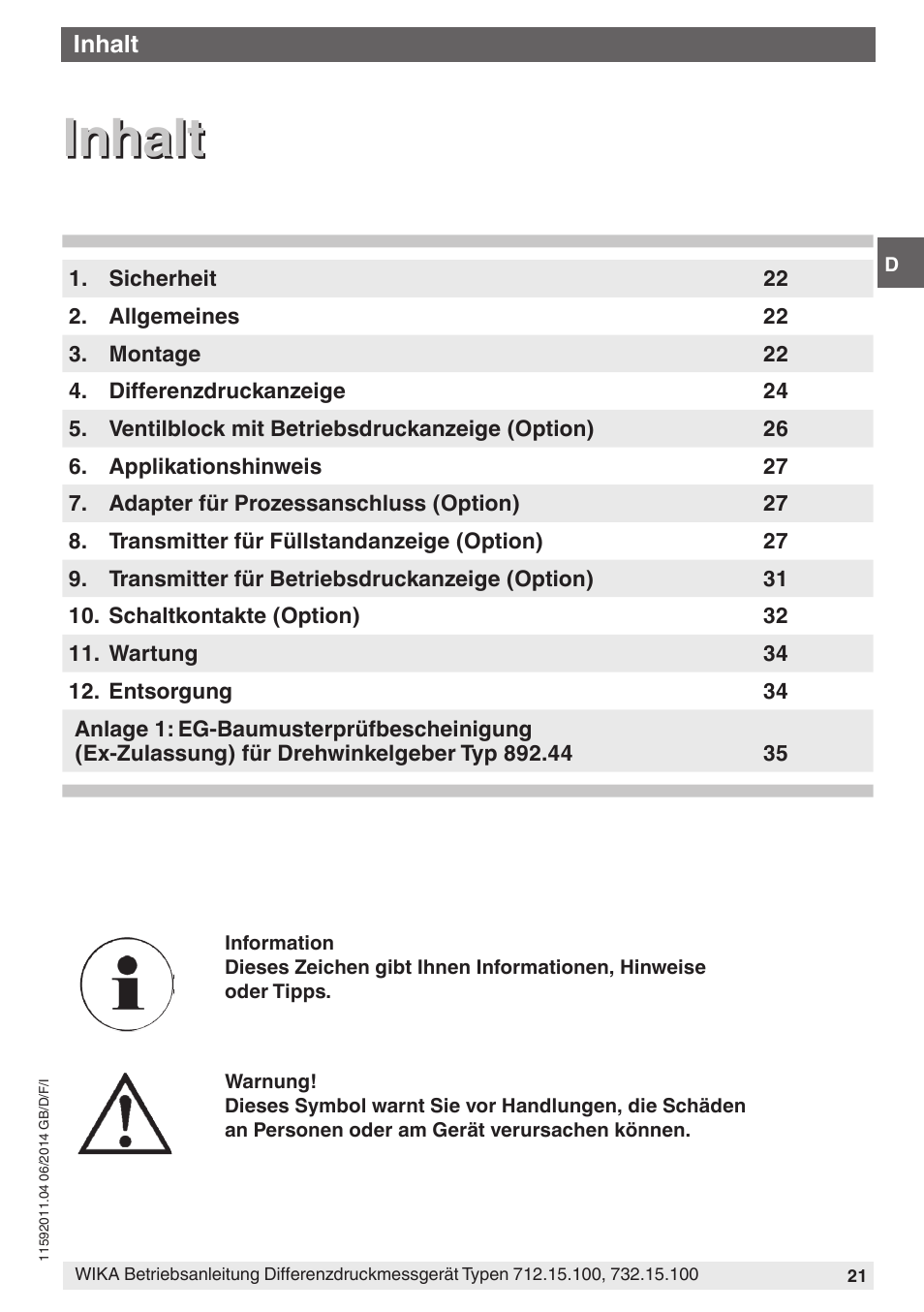 Inhalt | WIKA 732.15.100 User Manual | Page 21 / 68