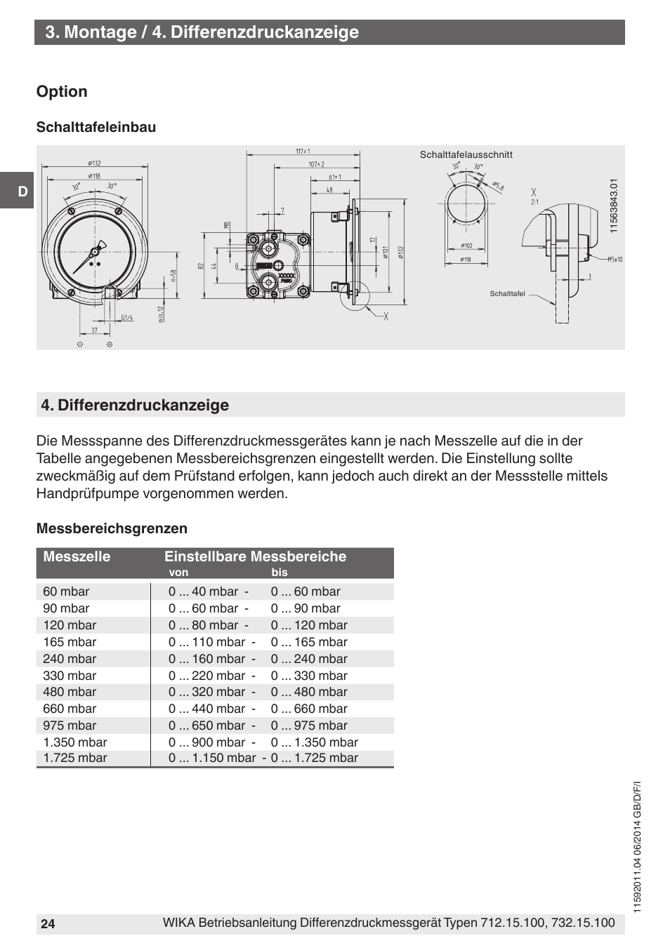 Montage / 4. differenzdruckanzeige, Option, Differenzdruckanzeige | WIKA 732.15.100 User Manual | Page 24 / 68