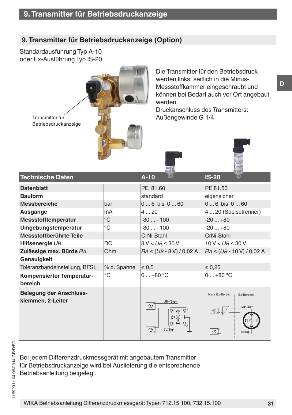 Transmitter für betriebsdruckanzeige, Transmitter für betriebsdruckanzeige (option) | WIKA 732.15.100 User Manual | Page 31 / 68