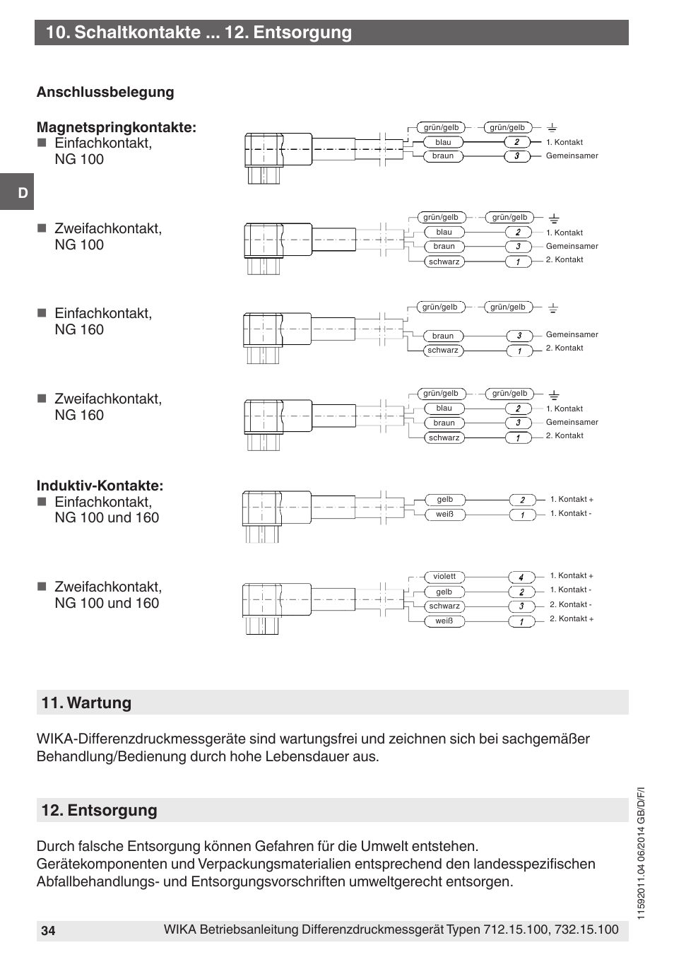Schaltkontakte . entsorgung, Wartung, Entsorgung | WIKA 732.15.100 User Manual | Page 34 / 68