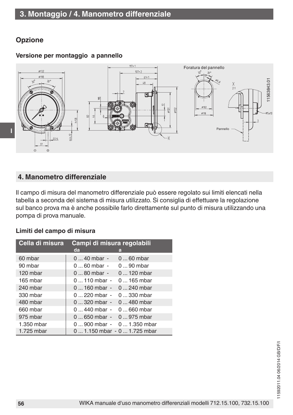 Montaggio / 4. manometro differenziale, Opzione, Manometro differenziale | WIKA 732.15.100 User Manual | Page 56 / 68