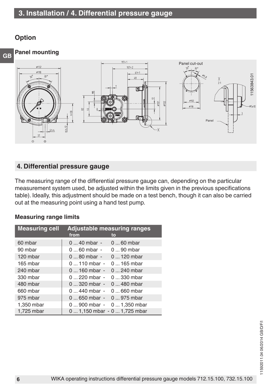 Installation / 4. differential pressure gauge, Differential pressure gauge, Option | WIKA 732.15.100 User Manual | Page 6 / 68