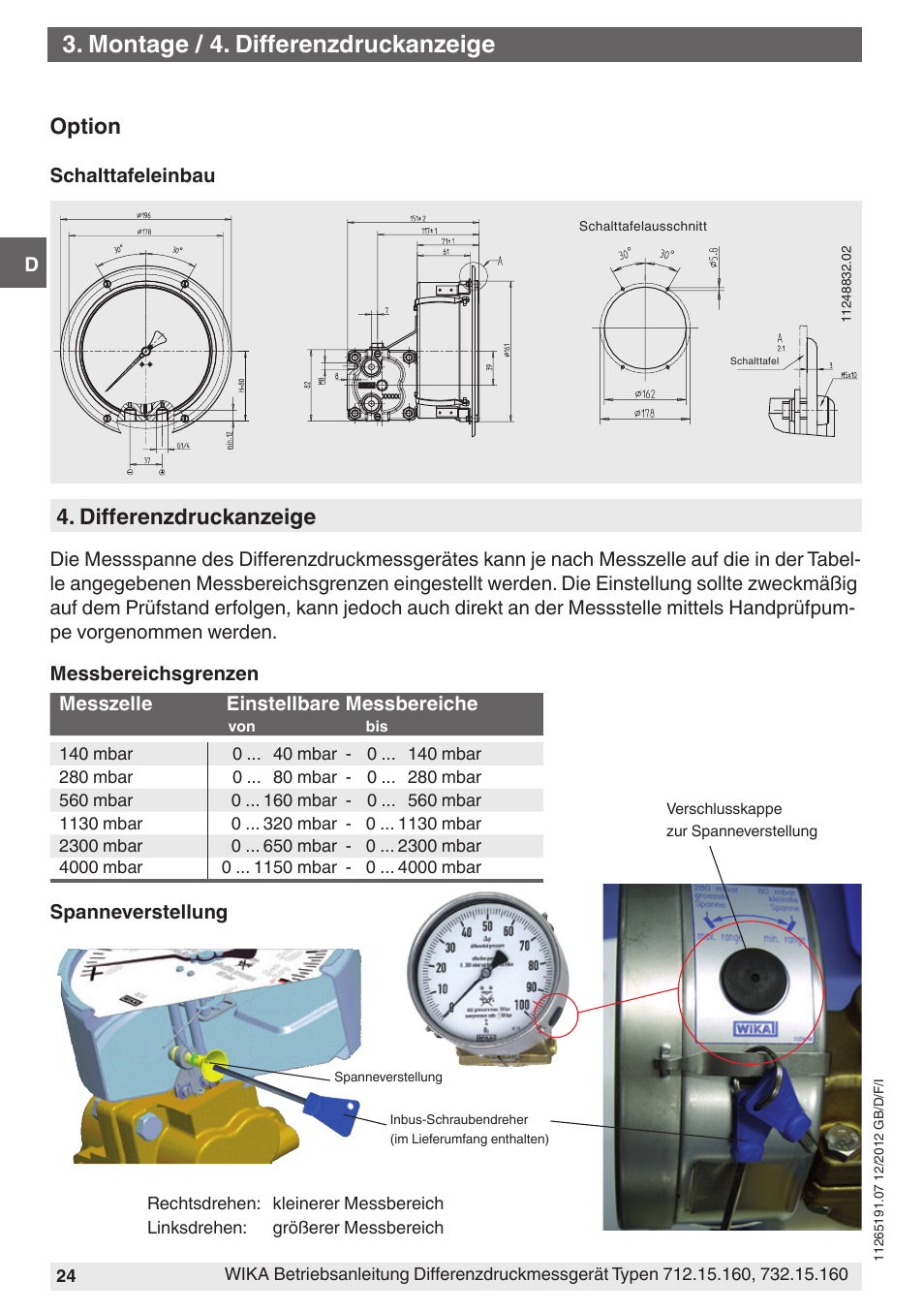 Montage / 4. differenzdruckanzeige, Differenzdruckanzeige, Option | WIKA 732.15.160 User Manual | Page 24 / 68