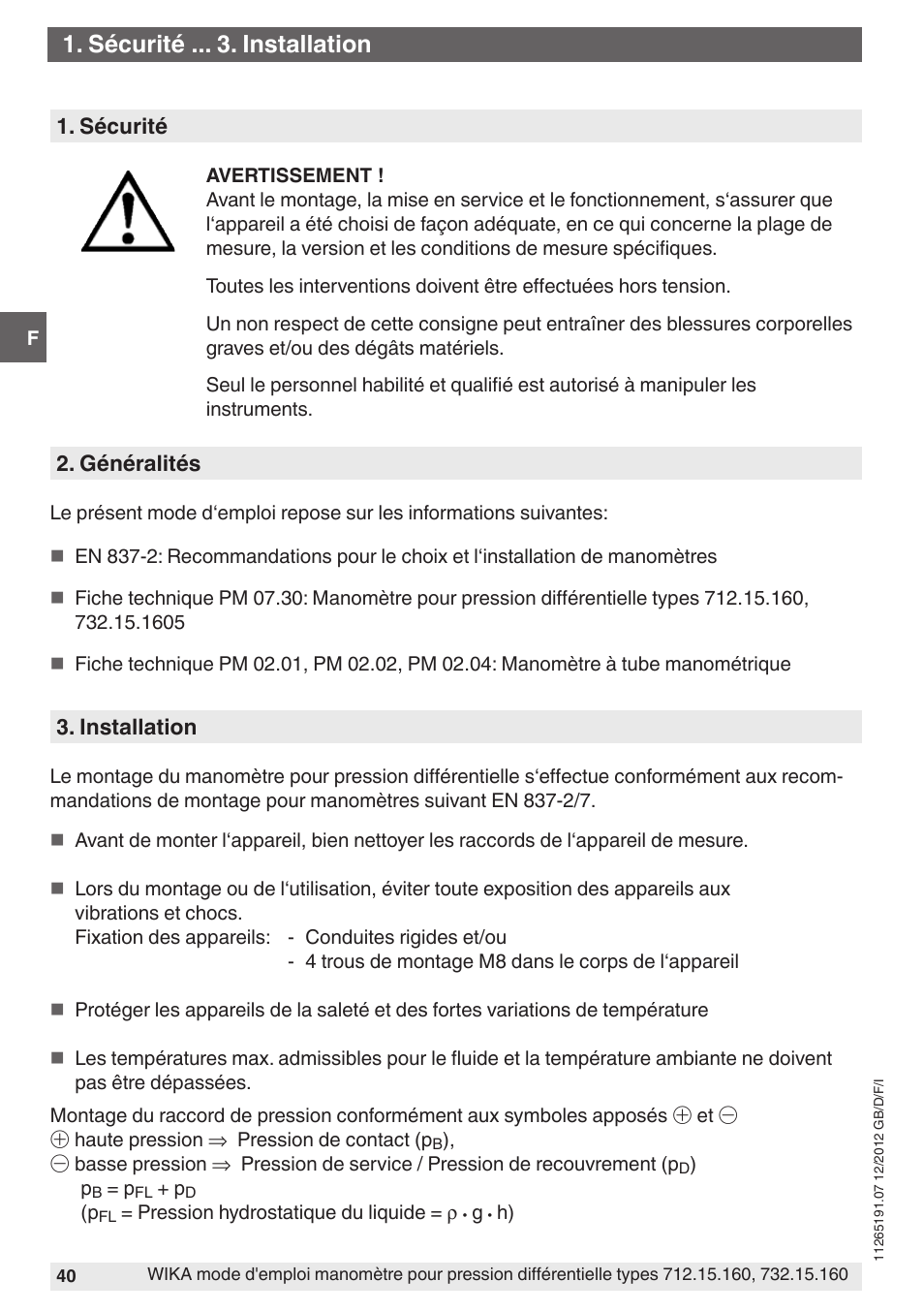 Sécurité . installation | WIKA 732.15.160 User Manual | Page 40 / 68