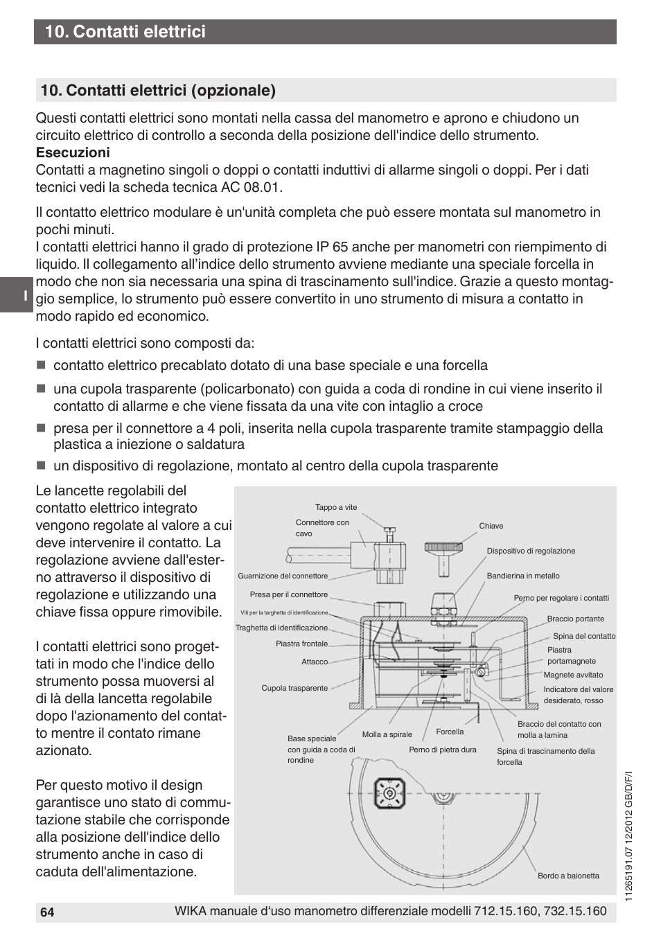 Contatti elettrici, Contatti elettrici (opzionale) | WIKA 732.15.160 User Manual | Page 64 / 68