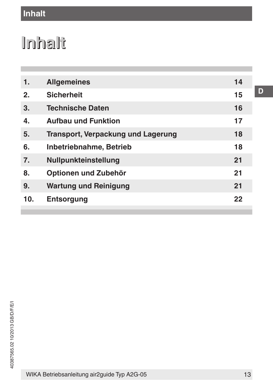 Inhalt | WIKA A2G-05 User Manual | Page 13 / 52
