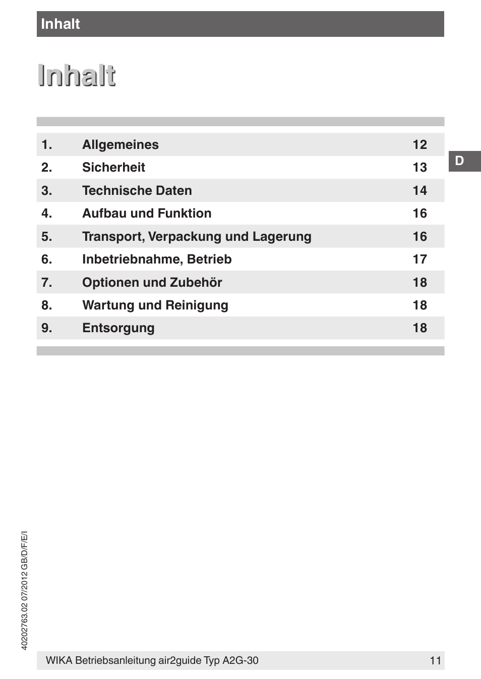 Inhalt | WIKA A2G-30 User Manual | Page 11 / 44