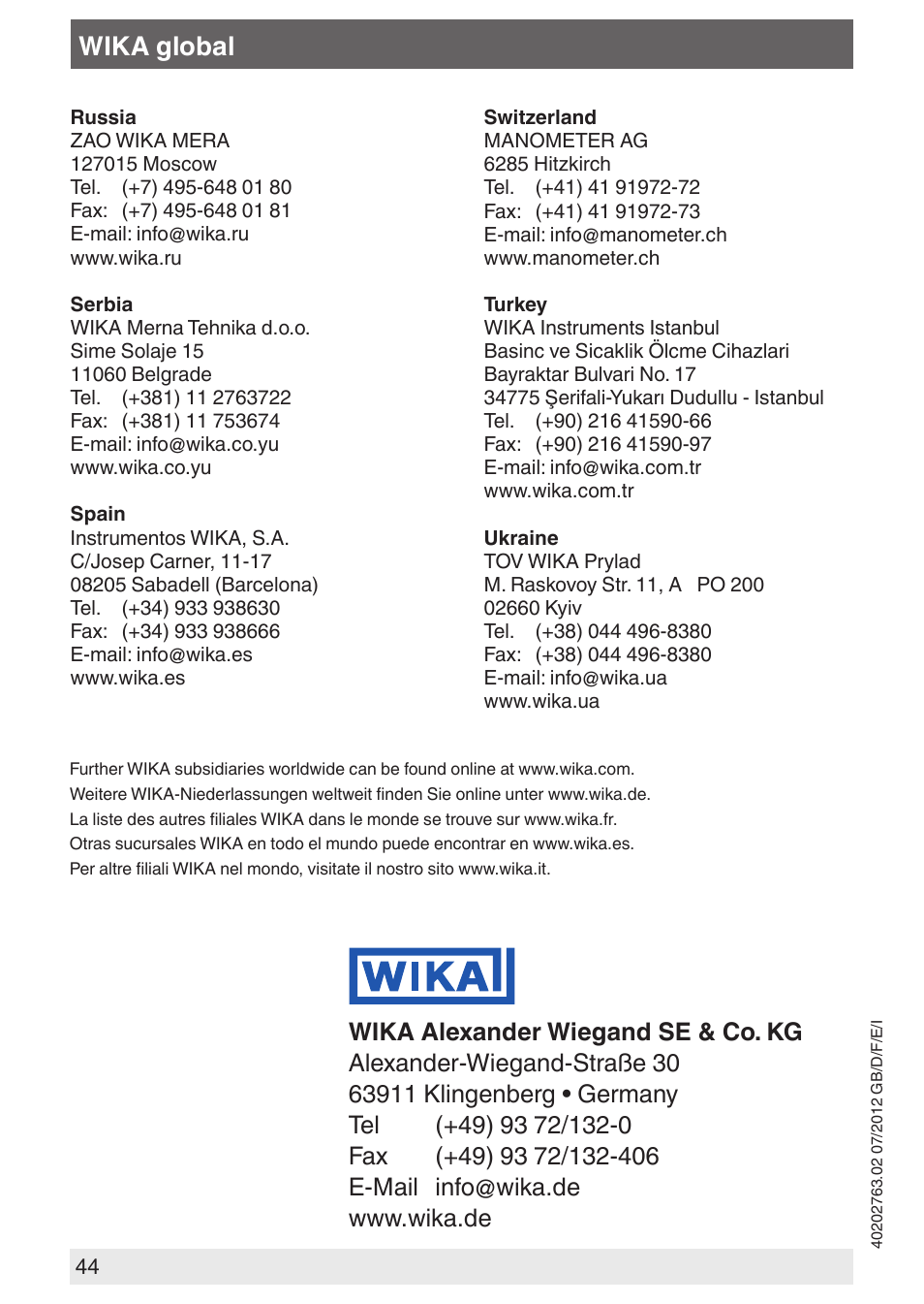 Wika global | WIKA A2G-30 User Manual | Page 44 / 44