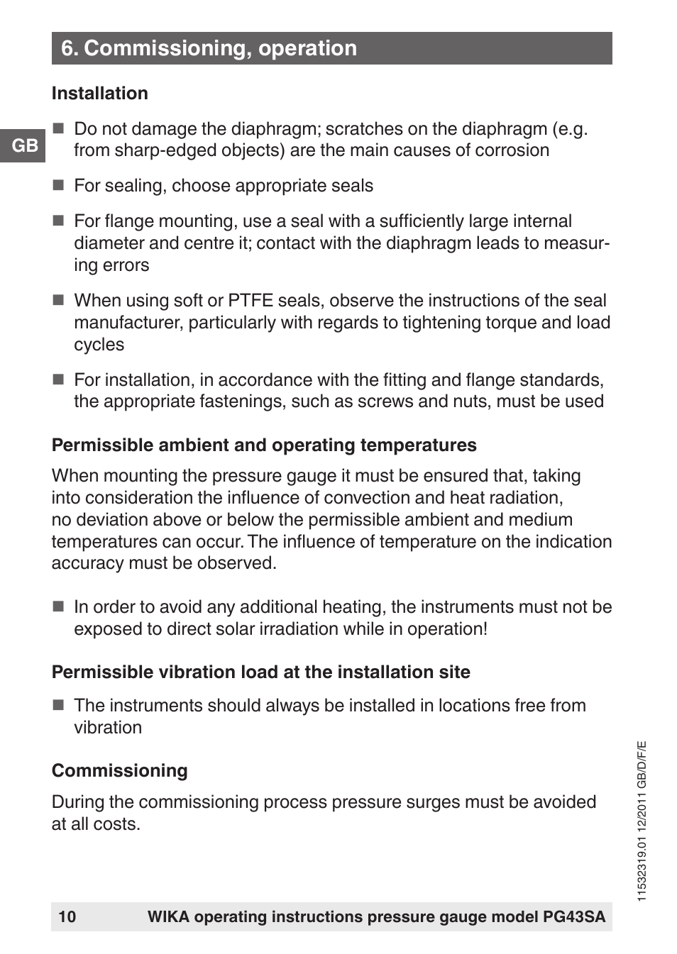 Commissioning, operation | WIKA PG43SA User Manual | Page 10 / 48