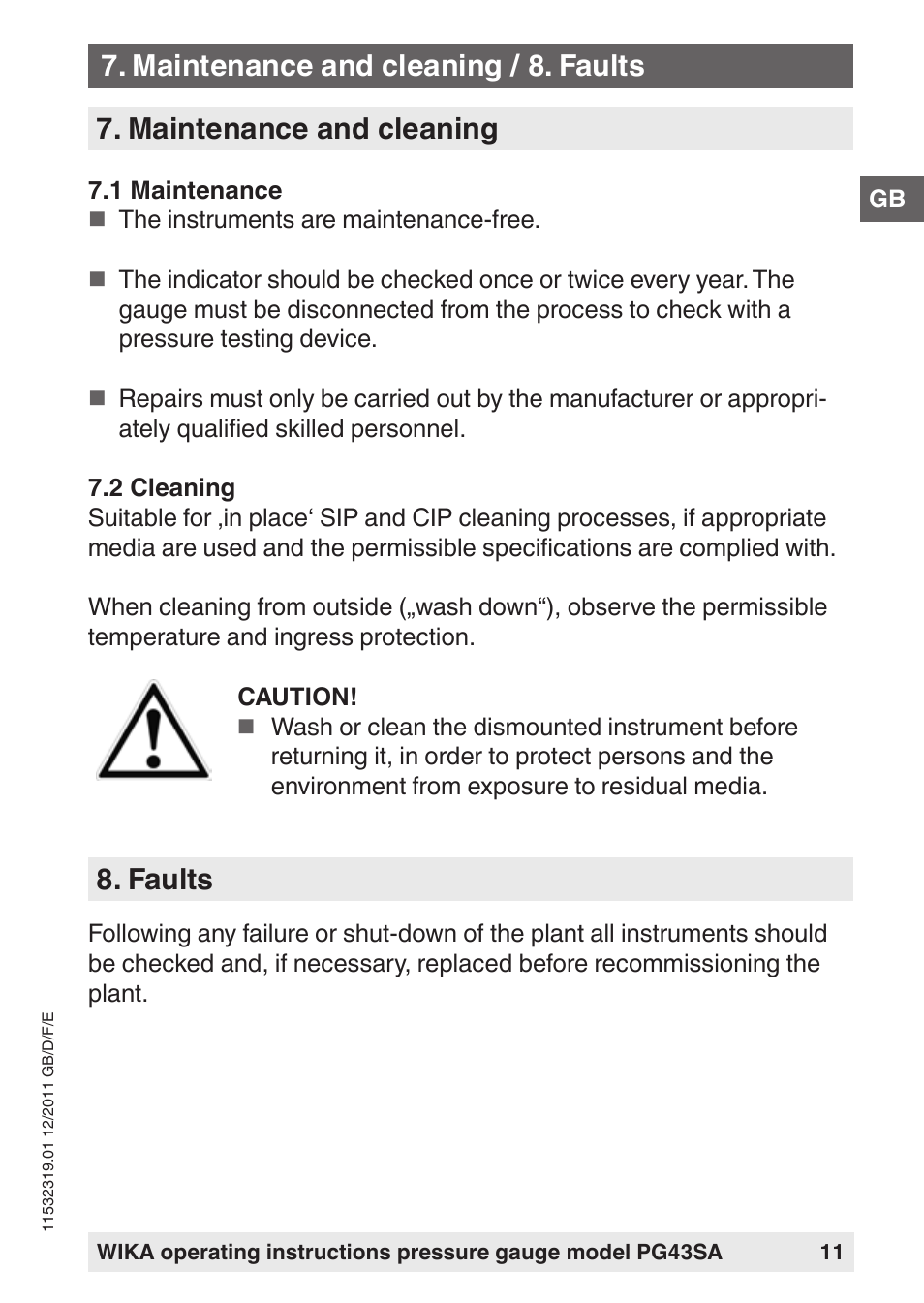Maintenance and cleaning, Faults, Maintenance and cleaning / 8. faults | WIKA PG43SA User Manual | Page 11 / 48