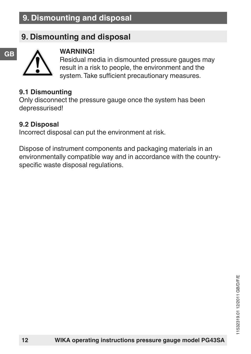 Dismounting and disposal | WIKA PG43SA User Manual | Page 12 / 48
