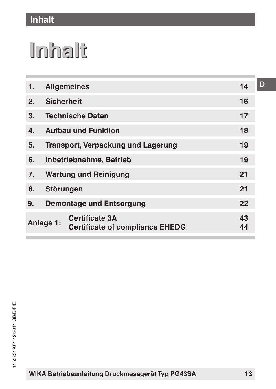 Inhalt | WIKA PG43SA User Manual | Page 13 / 48