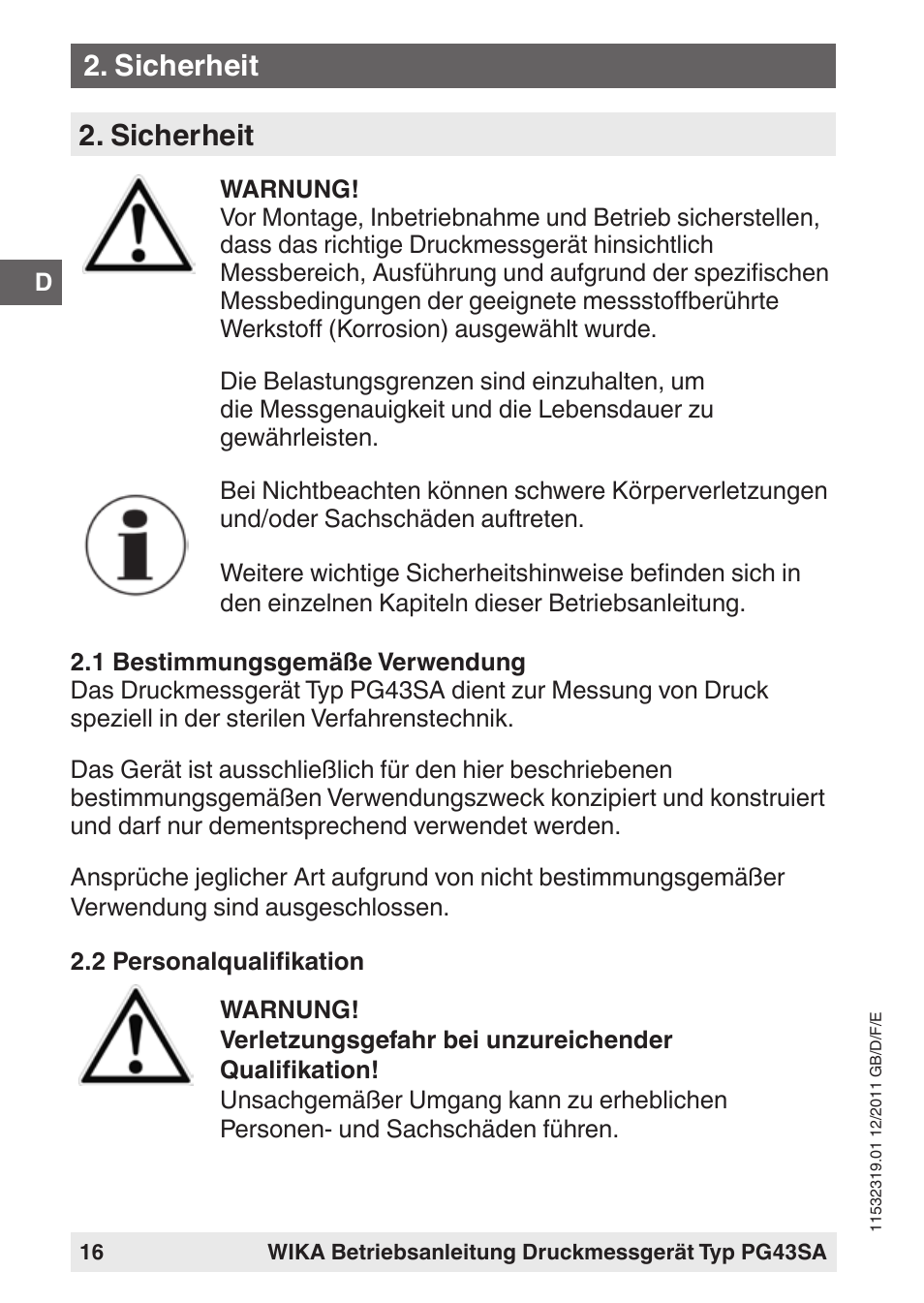 Sicherheit | WIKA PG43SA User Manual | Page 16 / 48