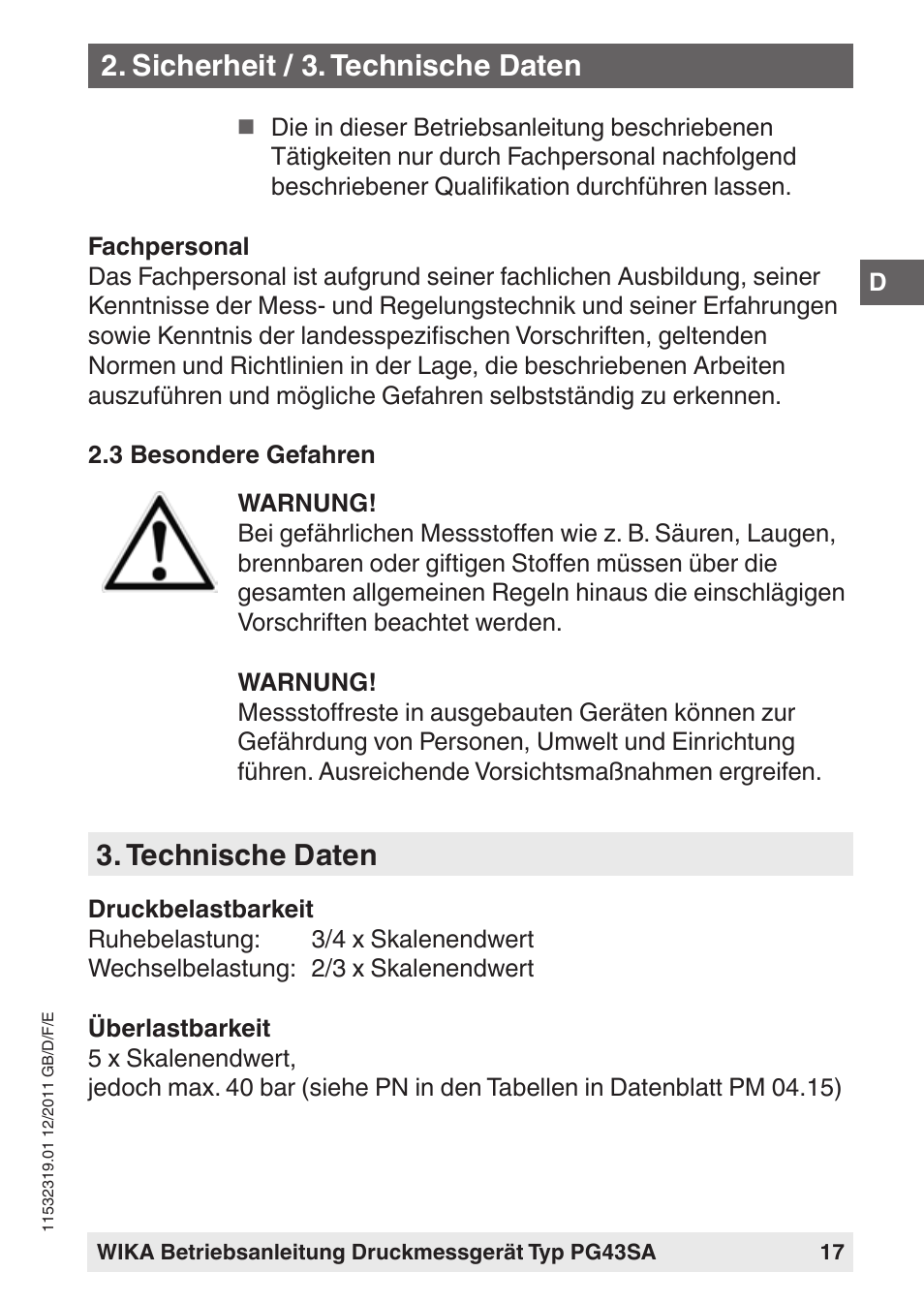 Technische daten, Sicherheit / 3. technische daten | WIKA PG43SA User Manual | Page 17 / 48