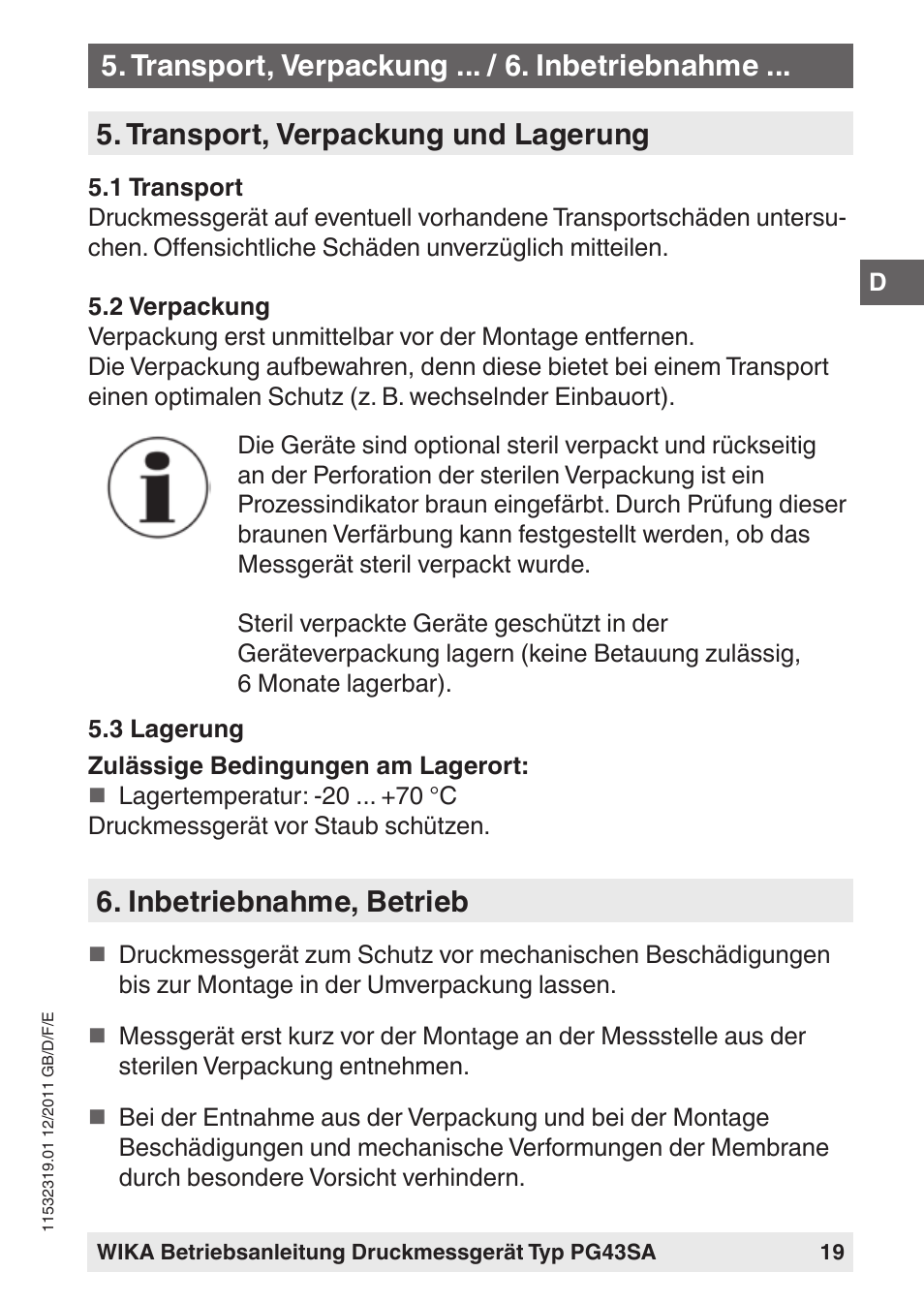 Transport, verpackung und lagerung, Inbetriebnahme, betrieb, Transport, verpackung ... / 6. inbetriebnahme | WIKA PG43SA User Manual | Page 19 / 48