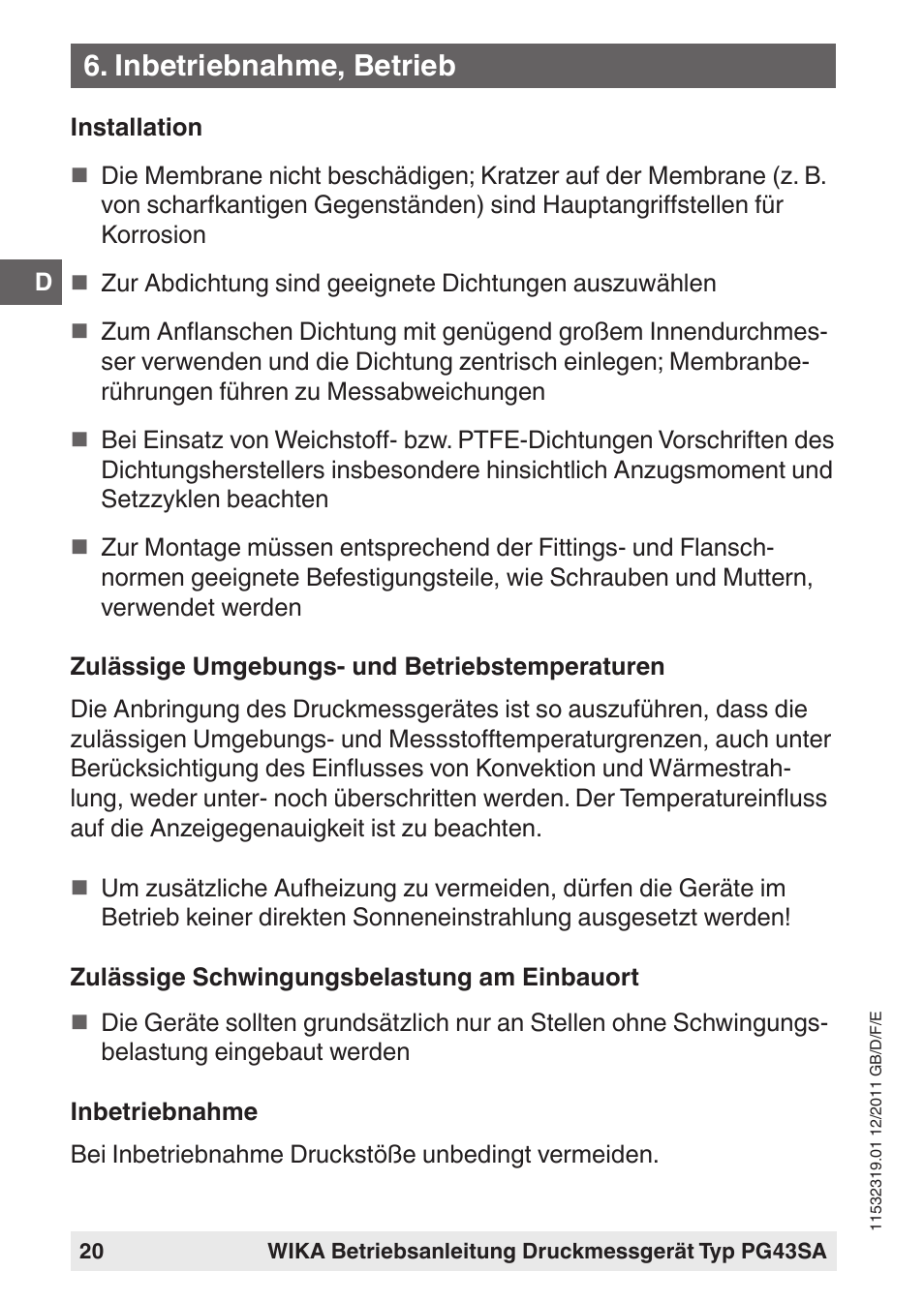 Inbetriebnahme, betrieb | WIKA PG43SA User Manual | Page 20 / 48