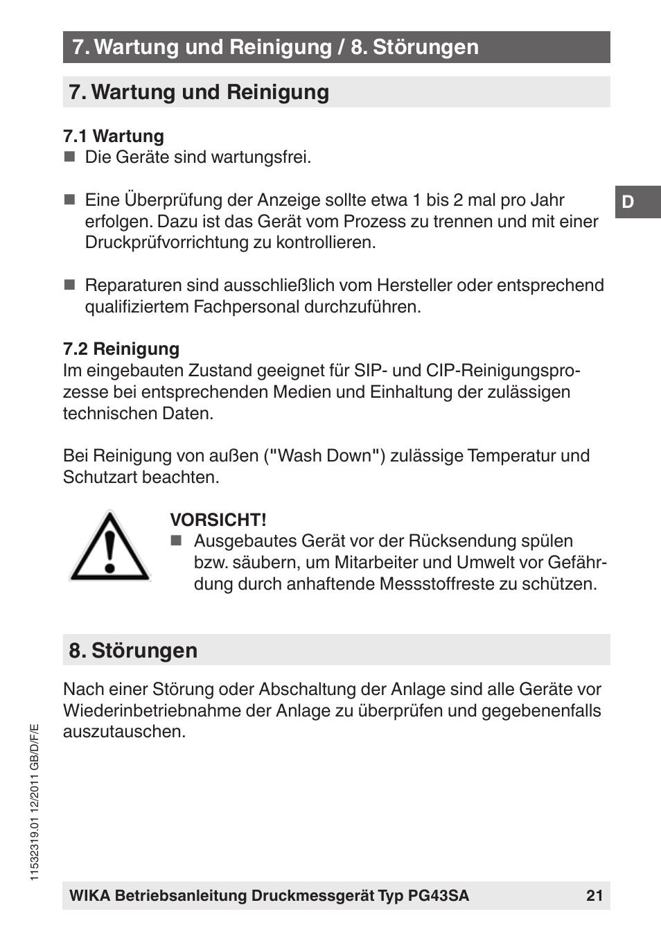 Wartung und reinigung, Störungen, Wartung und reinigung / 8. störungen | WIKA PG43SA User Manual | Page 21 / 48