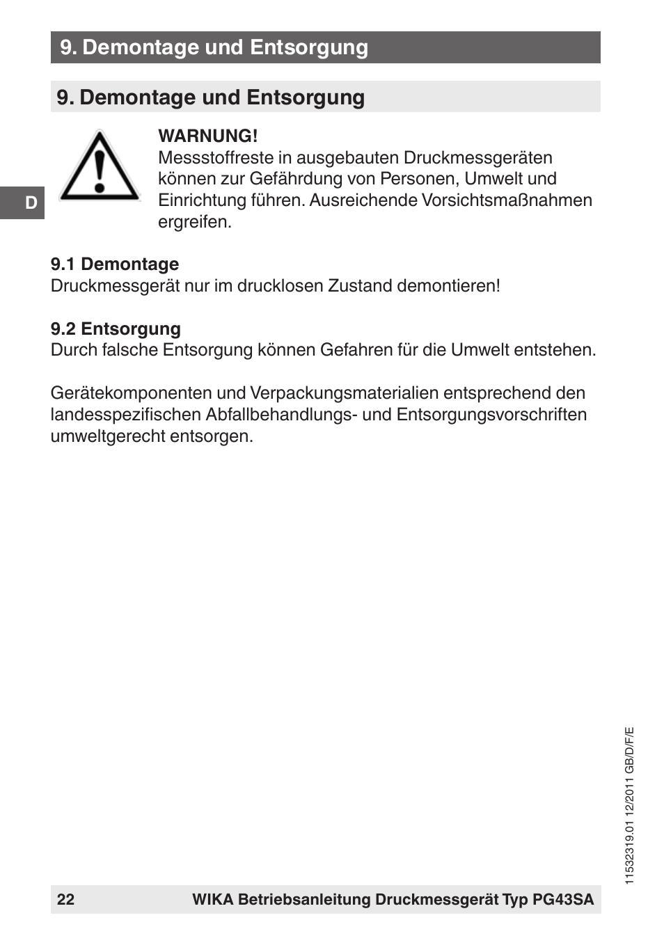 Demontage und entsorgung | WIKA PG43SA User Manual | Page 22 / 48