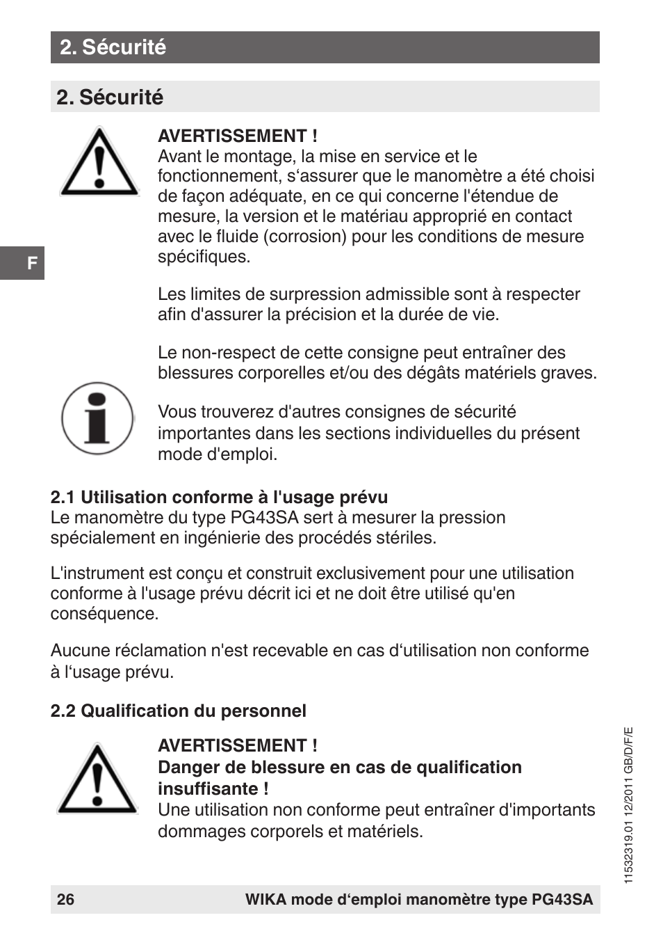 Sécurité | WIKA PG43SA User Manual | Page 26 / 48