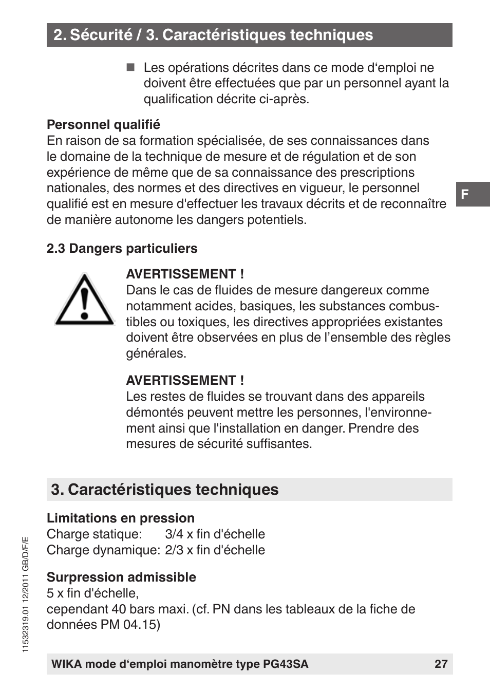 Caractéristiques techniques, Sécurité / 3. caractéristiques techniques | WIKA PG43SA User Manual | Page 27 / 48