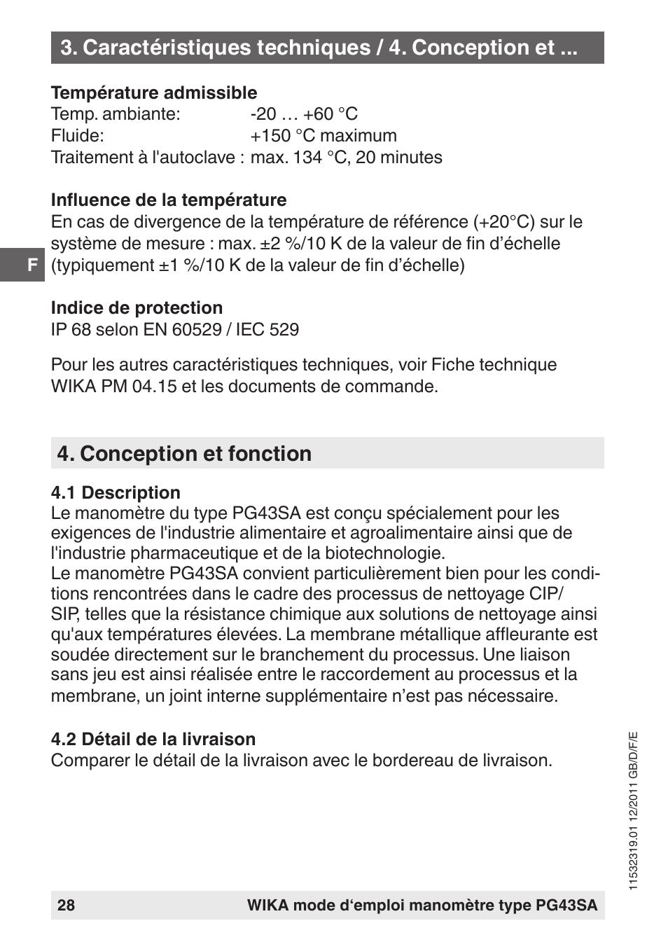 Conception et fonction, Caractéristiques techniques / 4. conception et | WIKA PG43SA User Manual | Page 28 / 48