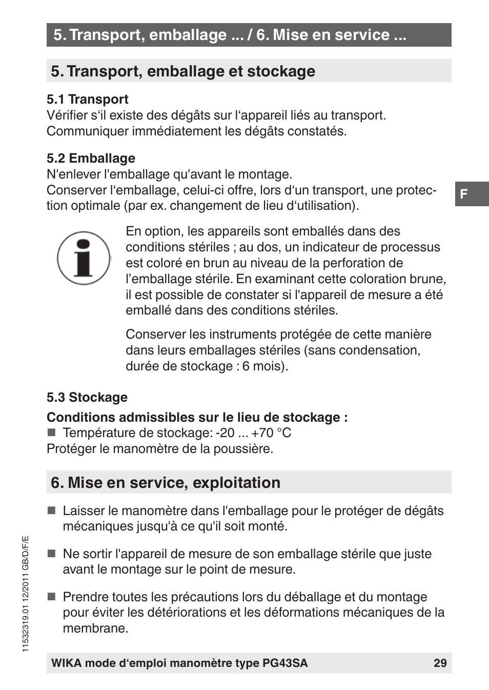 Transport, emballage et stockage, Mise en service, exploitation, Transport, emballage ... / 6. mise en service | WIKA PG43SA User Manual | Page 29 / 48