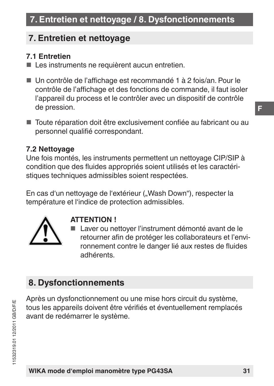 Entretien et nettoyage, Dysfonctionnements, Entretien et nettoyage / 8. dysfonctionnements | WIKA PG43SA User Manual | Page 31 / 48