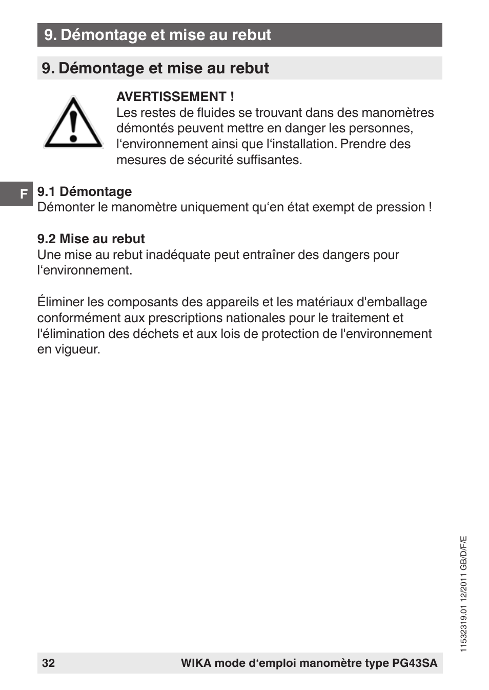 Démontage et mise au rebut | WIKA PG43SA User Manual | Page 32 / 48