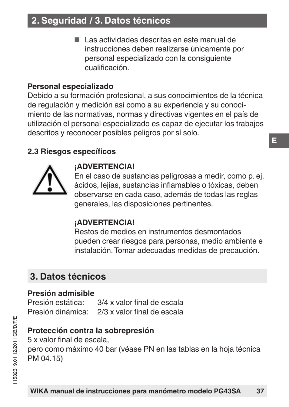 Datos técnicos, Seguridad / 3. datos técnicos | WIKA PG43SA User Manual | Page 37 / 48