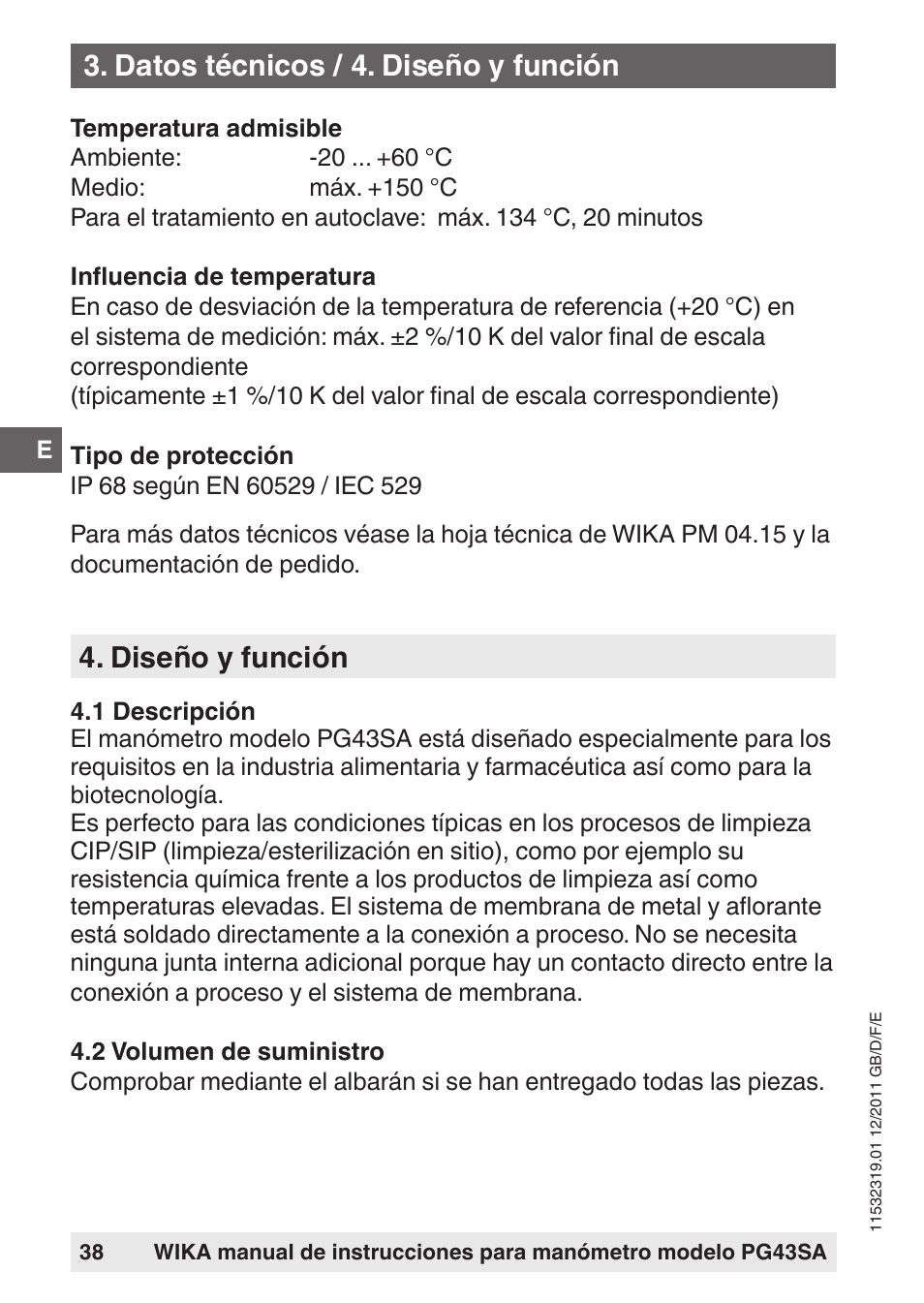 Diseño y función, Datos técnicos / 4. diseño y función | WIKA PG43SA User Manual | Page 38 / 48