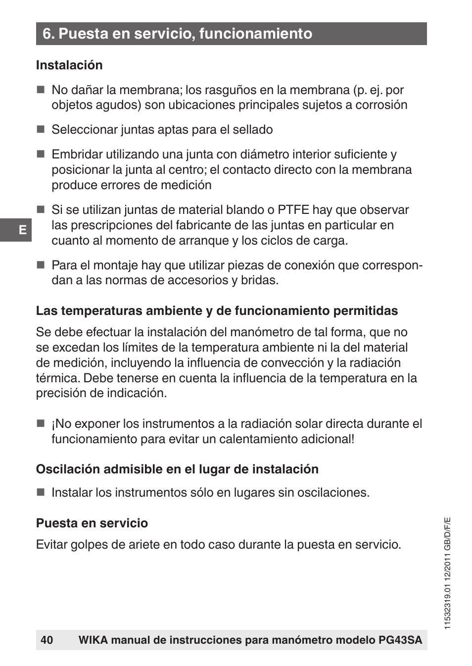 Puesta en servicio, funcionamiento | WIKA PG43SA User Manual | Page 40 / 48