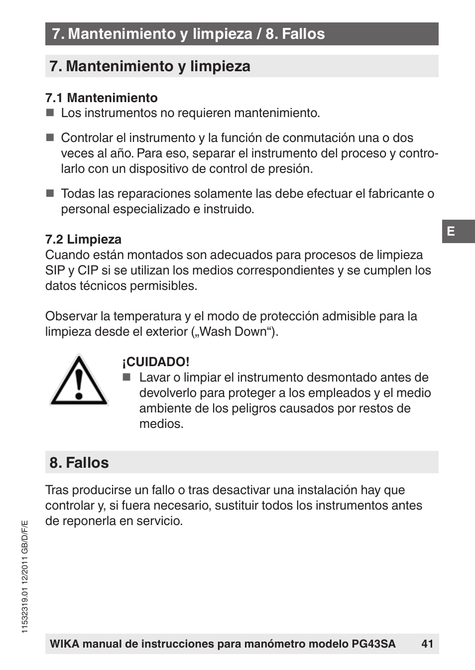 Mantenimiento y limpieza, Fallos, Mantenimiento y limpieza / 8. fallos | WIKA PG43SA User Manual | Page 41 / 48