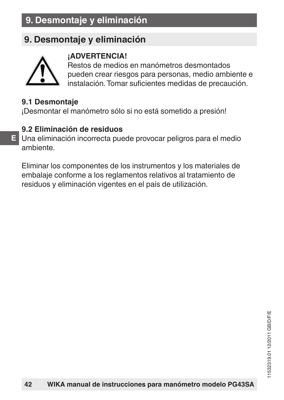 Desmontaje y eliminación | WIKA PG43SA User Manual | Page 42 / 48