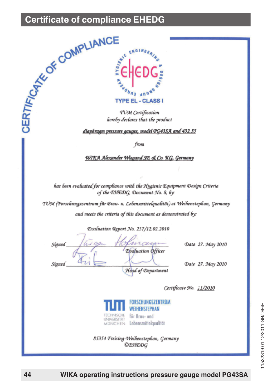 Certificate of compliance ehedg | WIKA PG43SA User Manual | Page 44 / 48