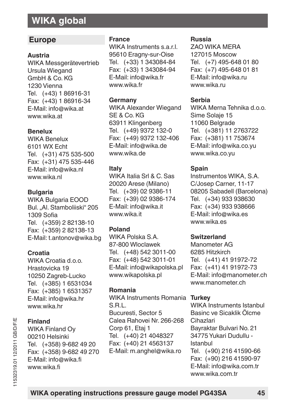 Wika global, Europe | WIKA PG43SA User Manual | Page 45 / 48