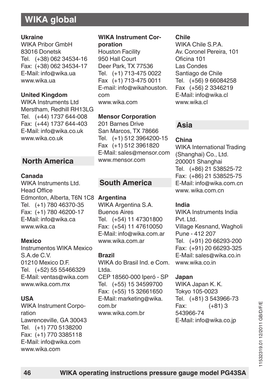 Wika global, North america, South america | Asia | WIKA PG43SA User Manual | Page 46 / 48