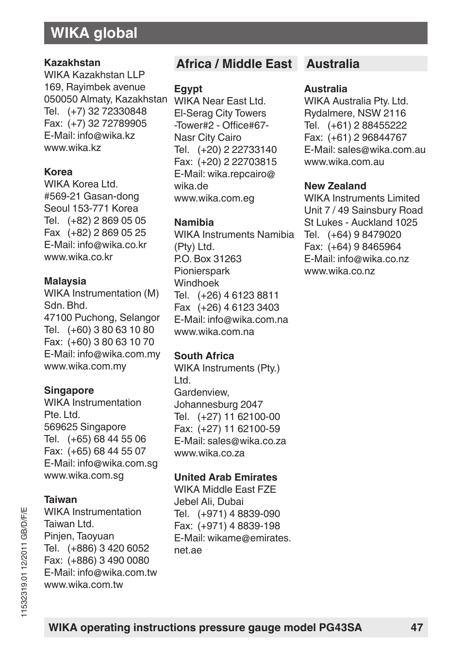 Wika global, Africa / middle east, Australia | WIKA PG43SA User Manual | Page 47 / 48